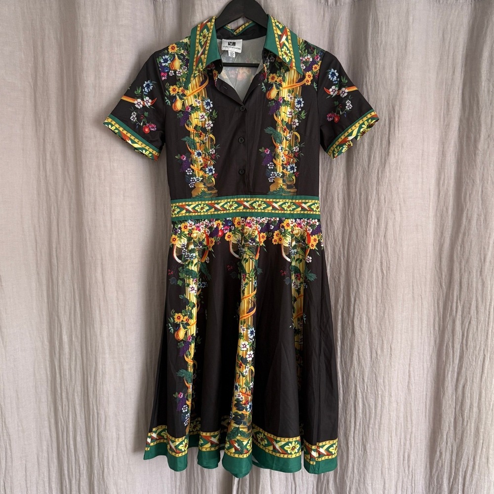 Vicky and Lucas Floral Fruit Print Shirt Dress Black Green Fit Flare Womens S